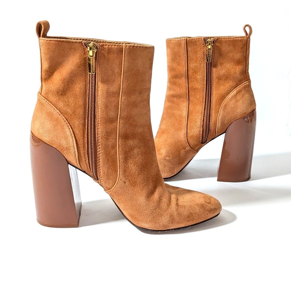 Vince Camuto Enverna Ankle Boots Caramel Tan‎ Suede Leather Block Heel Sz 8.5